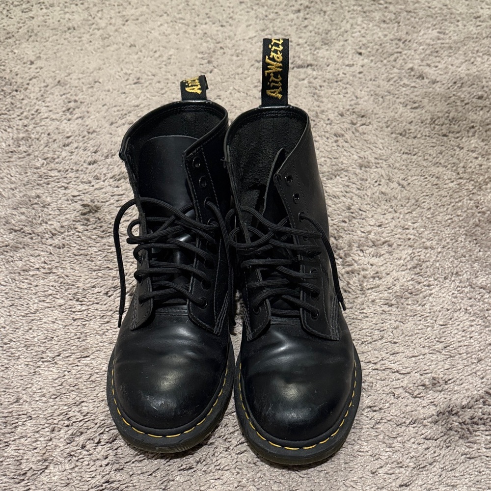 Dr. Martens Black Leather Boots with Yellow Stitching